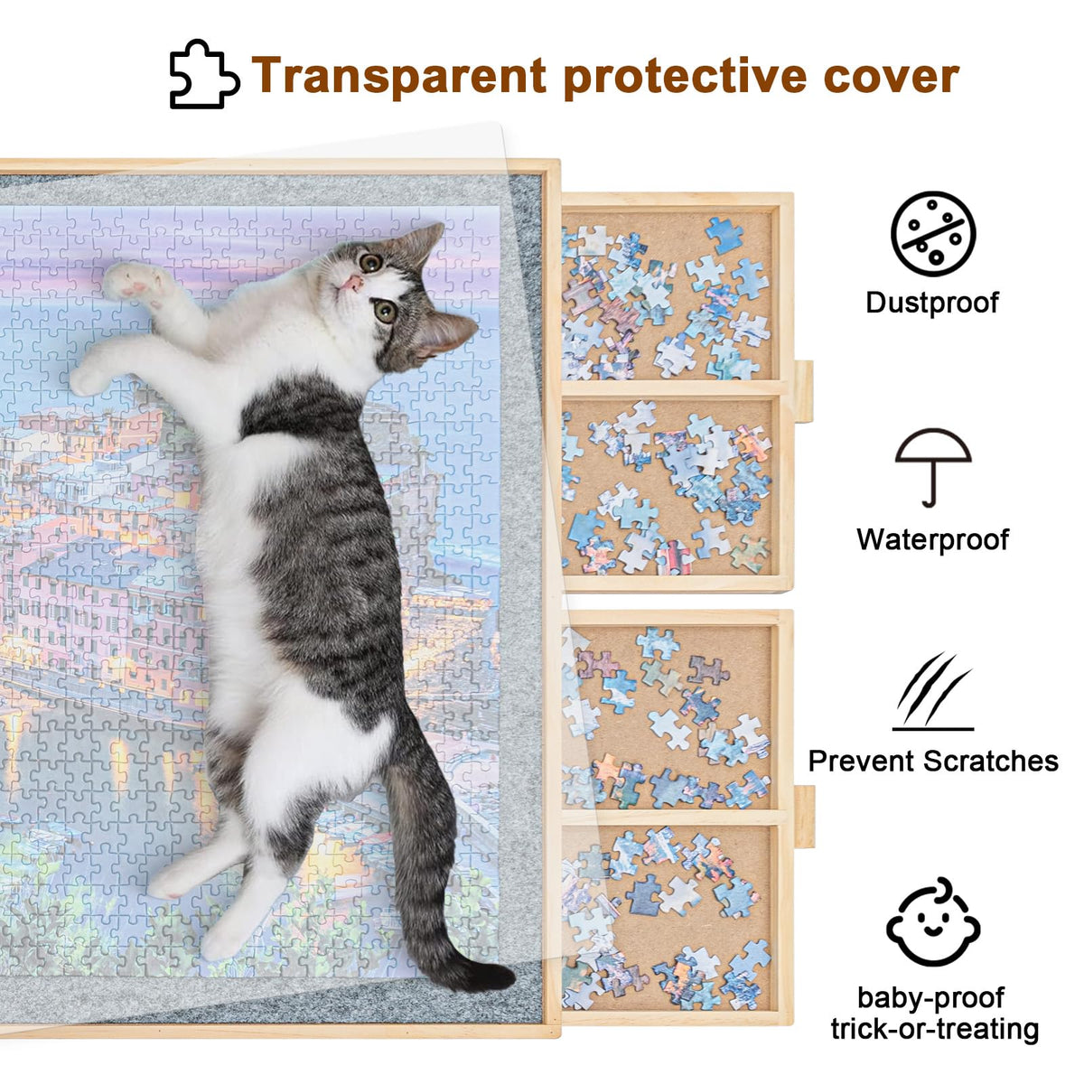 WOOD CITY Puzzle Board translucent cover shields puzzles from dust