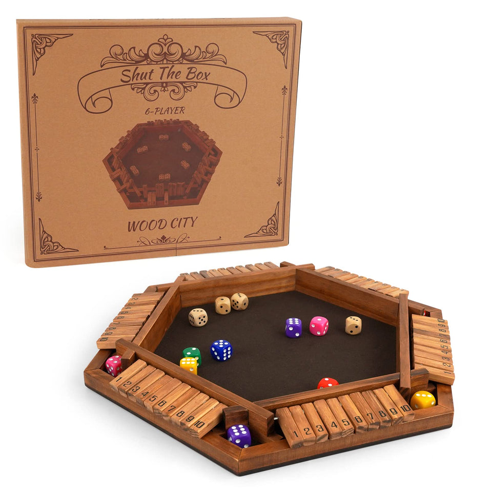 WOOD CITY Shut The Box board with hexagonal felt surface for quiet play.