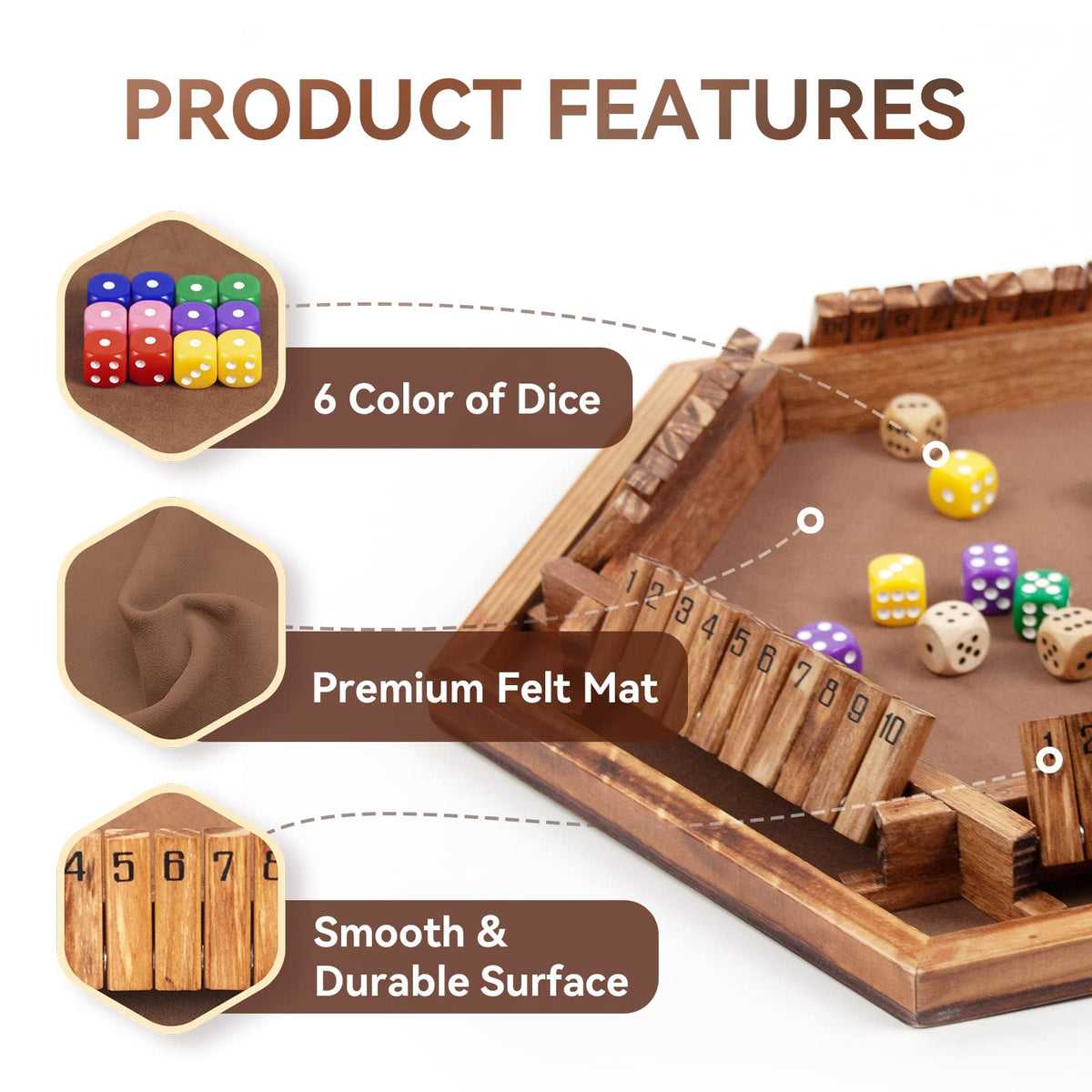 WOOD CITY Shut The Box felt surface reduces noise during dice rolls.