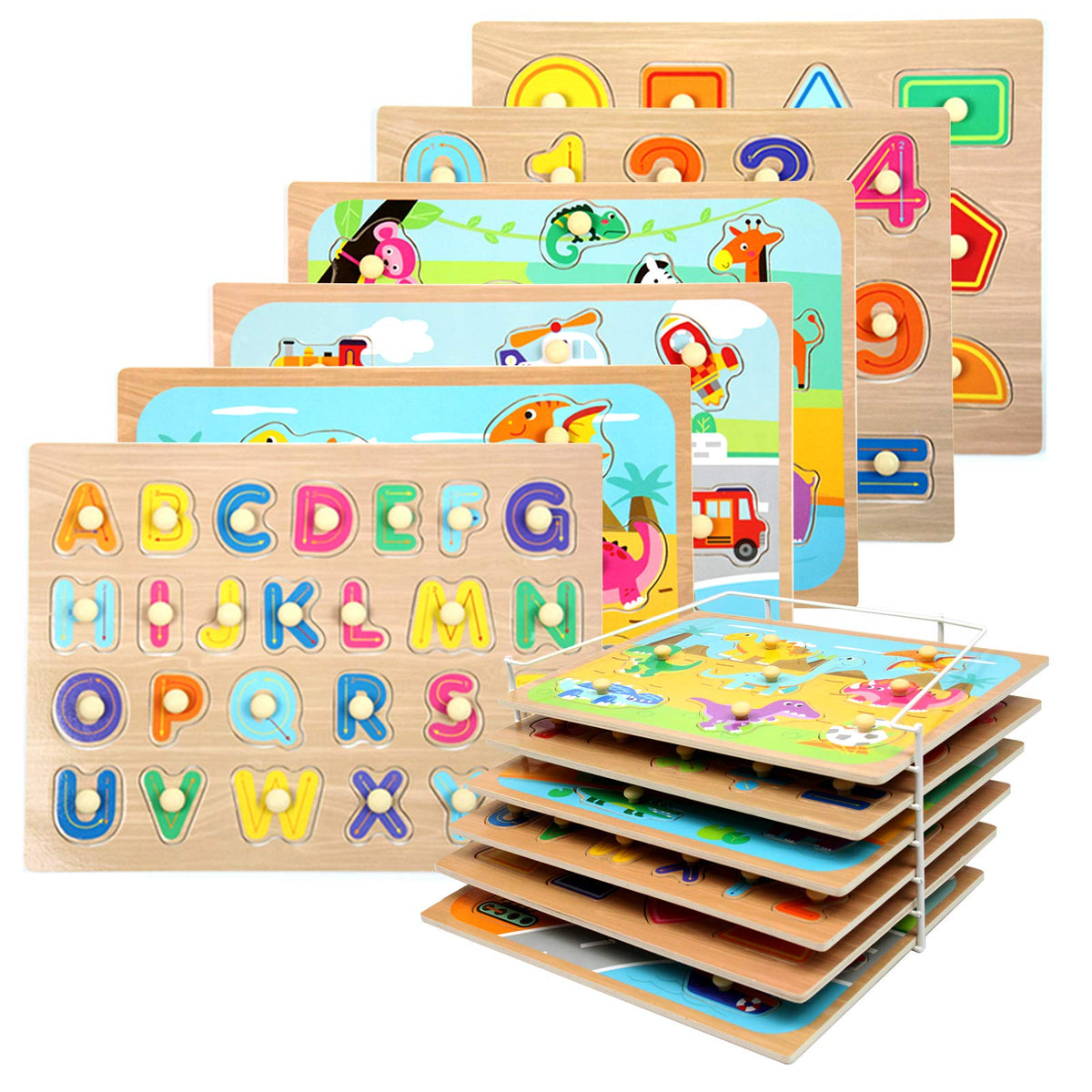 WOOD CITY toddler puzzles with rack set on shelf supports tidy play and early shape recognition.