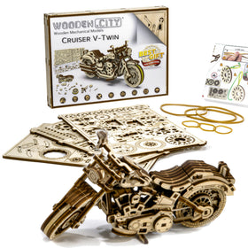 WOODEN.CITY Cruiser V-Twin puzzle engine detail up close for appreciation.