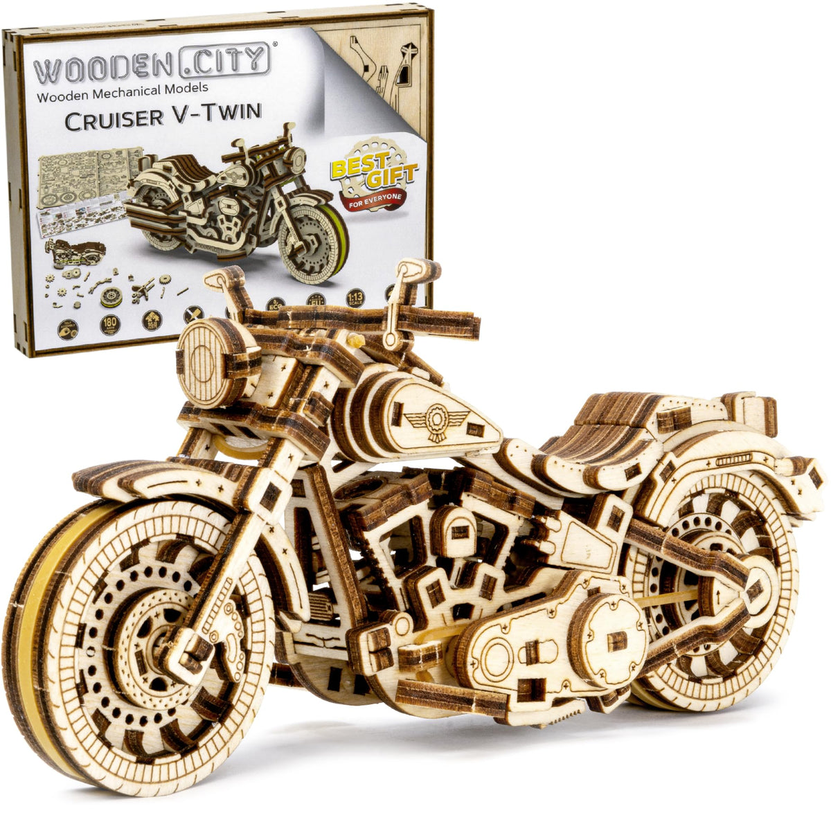 WOODEN.CITY Cruiser V-Twin puzzle front view shows detailed engine pistons.