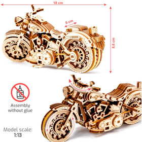 WOODEN.CITY Cruiser V-Twin puzzle side view suitable for shelf display.