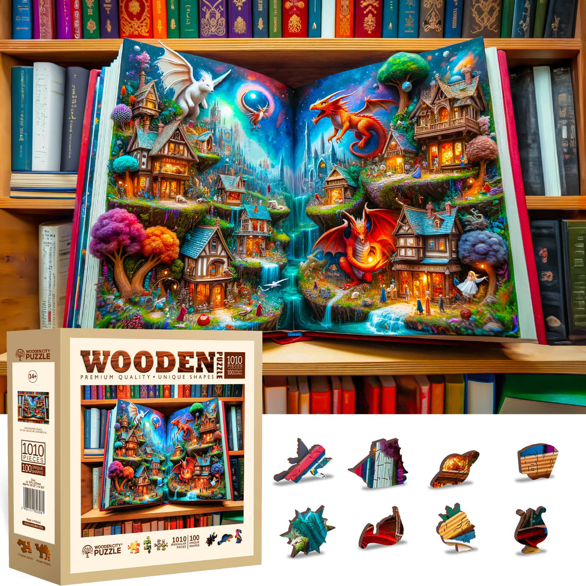 WOODEN.CITY Enchanted Tales puzzle cover featuring fairy-tale art for calming, immersive play