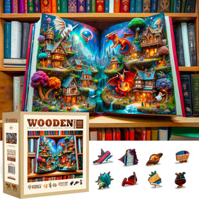 WOODEN.CITY Enchanted Tales puzzle cover featuring fairy-tale art for calming, immersive play