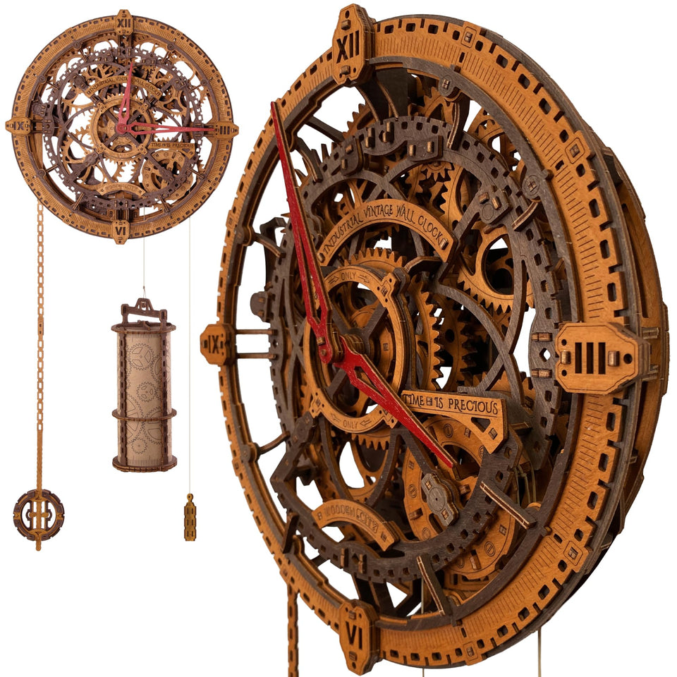 WOODEN.CITY Steampunk 3D Puzzle Clock assembly close-up, showcasing precise interlocks for a clean build.
