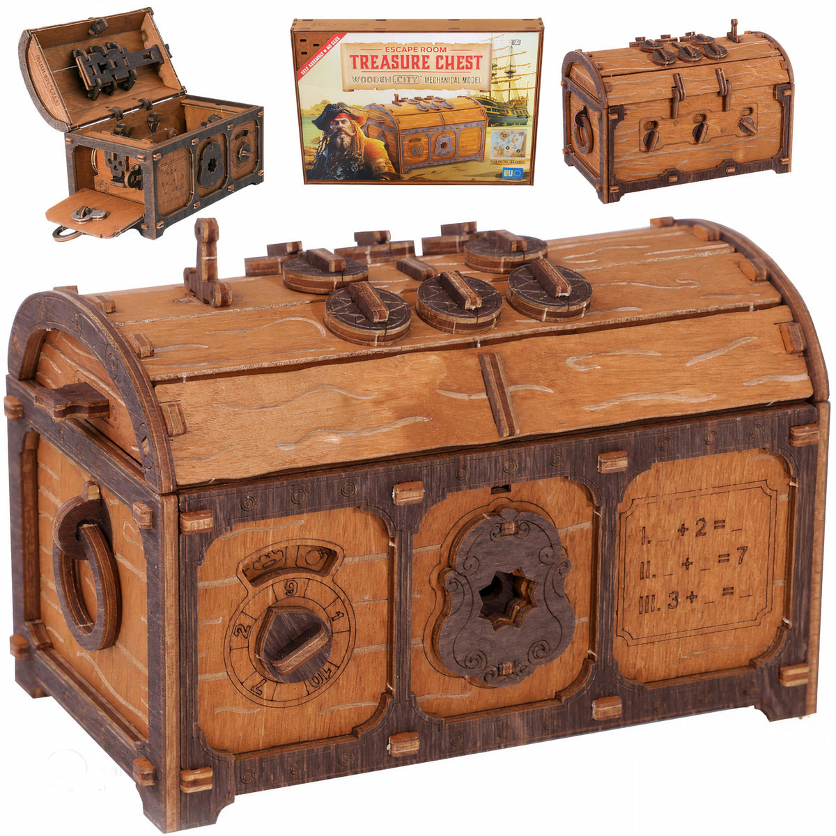 WOODEN.CITY Treasure Chest puzzle box front view, compact desktop size.