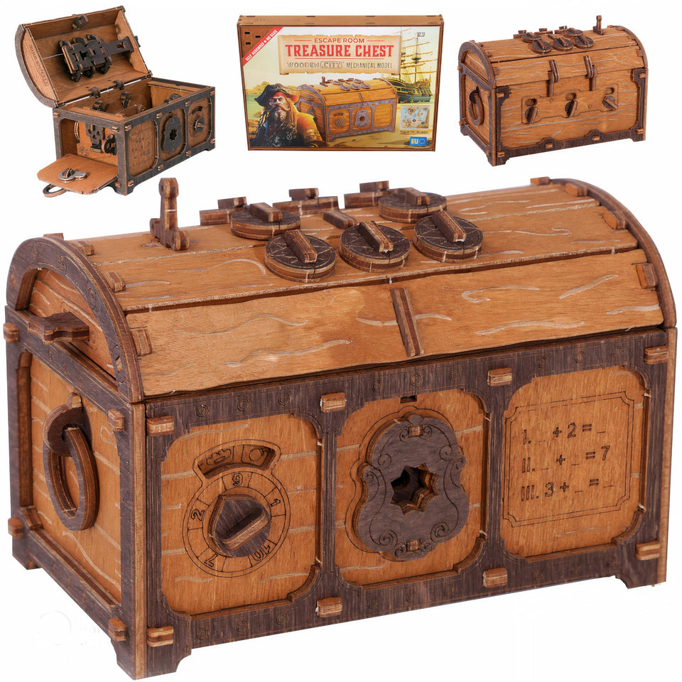 WOODEN.CITY Treasure Chest puzzle box front view, compact desktop size.