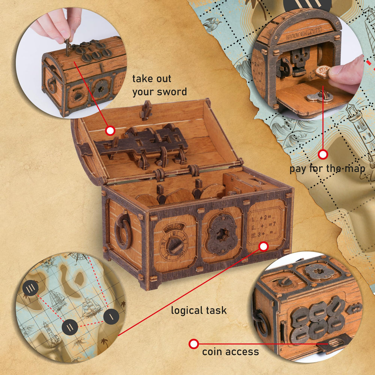 WOODEN.CITY Treasure Chest puzzle box locking mechanism shown for a satisfying puzzle flow.