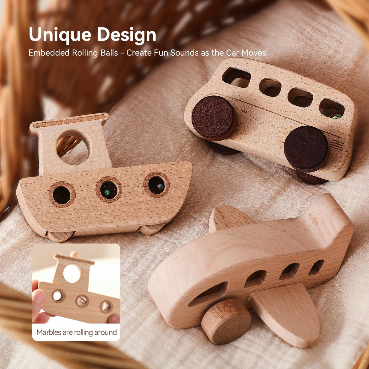 Wooden Teether rolling beads inside encourage attention