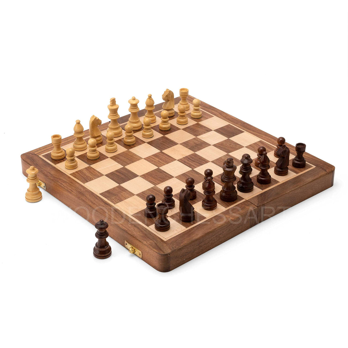 WoodenChessArt board with built in storage keeps pieces organized