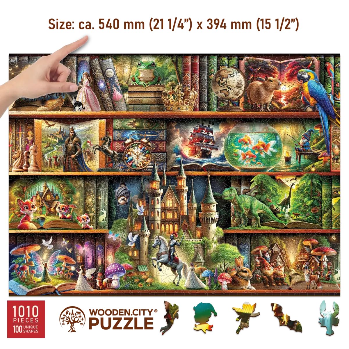 WOODEN.CITY Bookshelves scene puzzle pieces close-up showing intricate illustration.