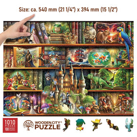 WOODEN.CITY Bookshelves scene puzzle pieces close-up showing intricate illustration.