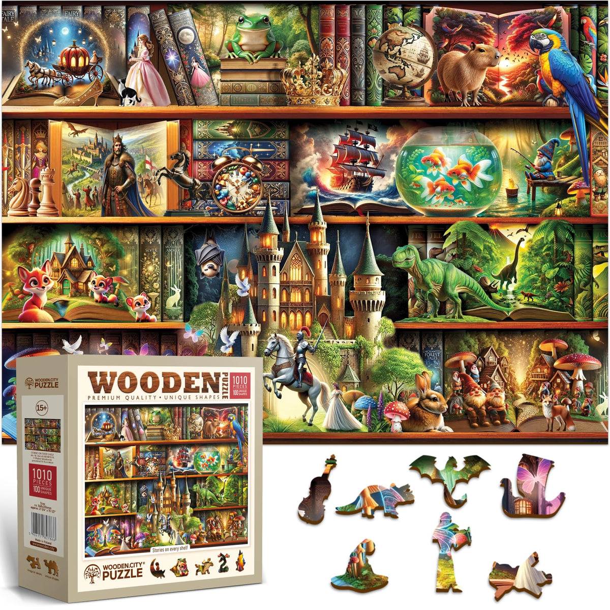 WOODEN.CITY Stories on Every Shelf cover image, vibrant bookshelf scene inviting curiosity.