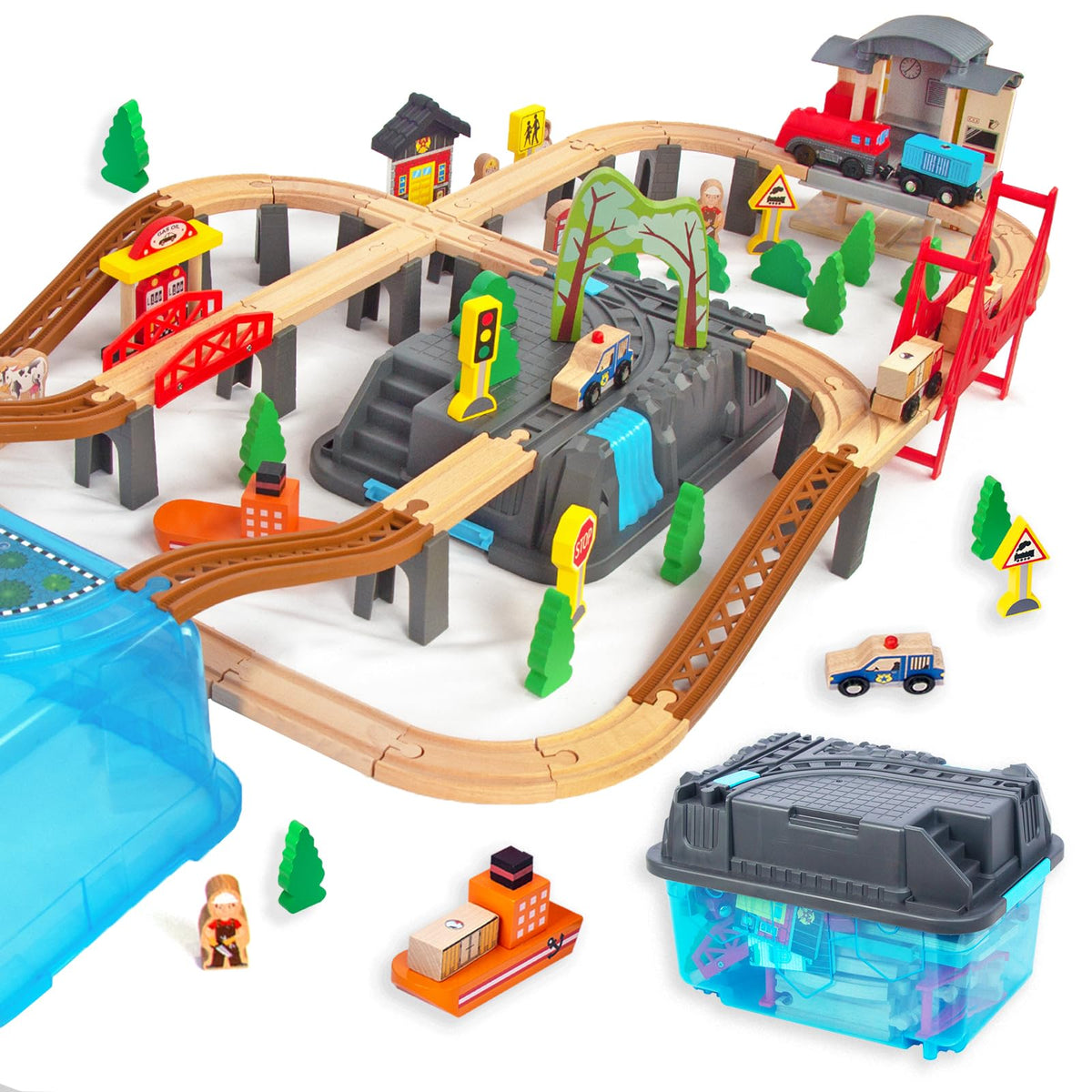 WoodenEdu 100Pcs train set with bridge for durable, imaginative play and bonding moments