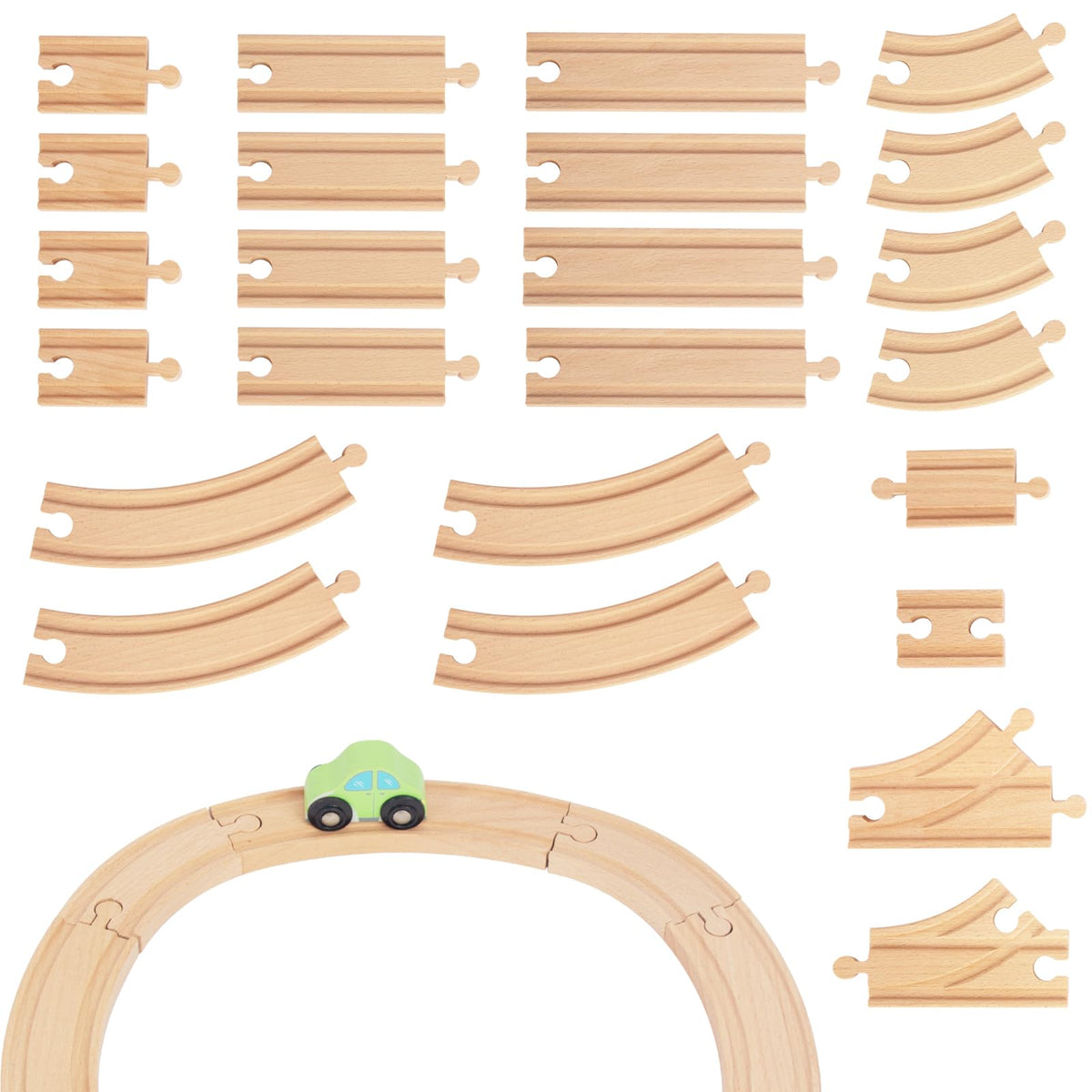 WoodenEdu 24-piece straight tracks for stable layouts and quick assembly.