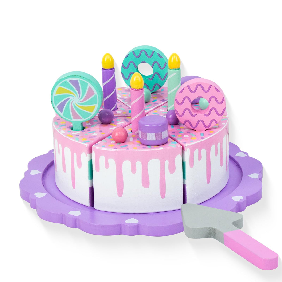 WoodenEdu cake toy tray and knife for safe pretend cutting and role-play fun