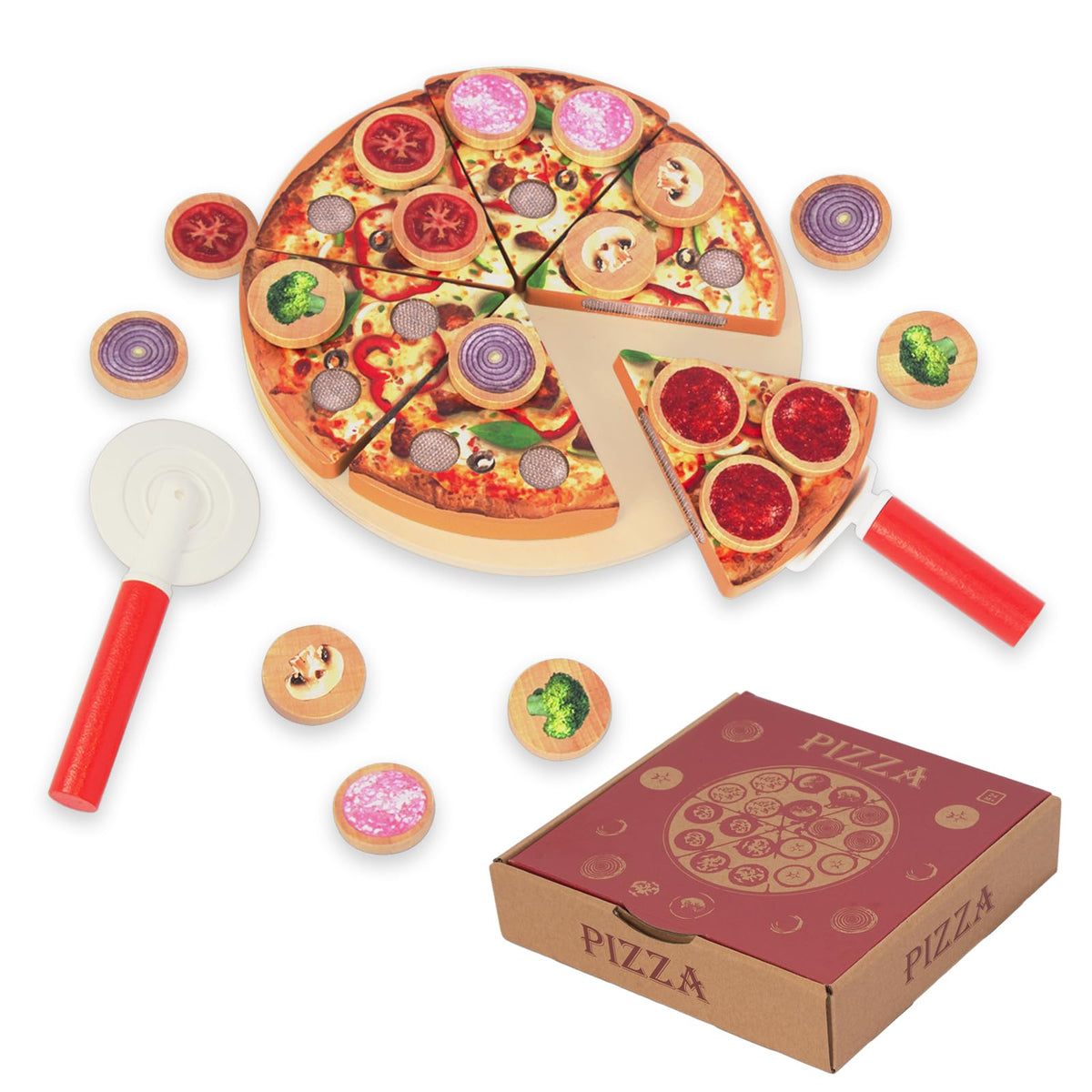 WoodenEdu cutting play food pizza tray for toddlers, safe and engaging pretend play