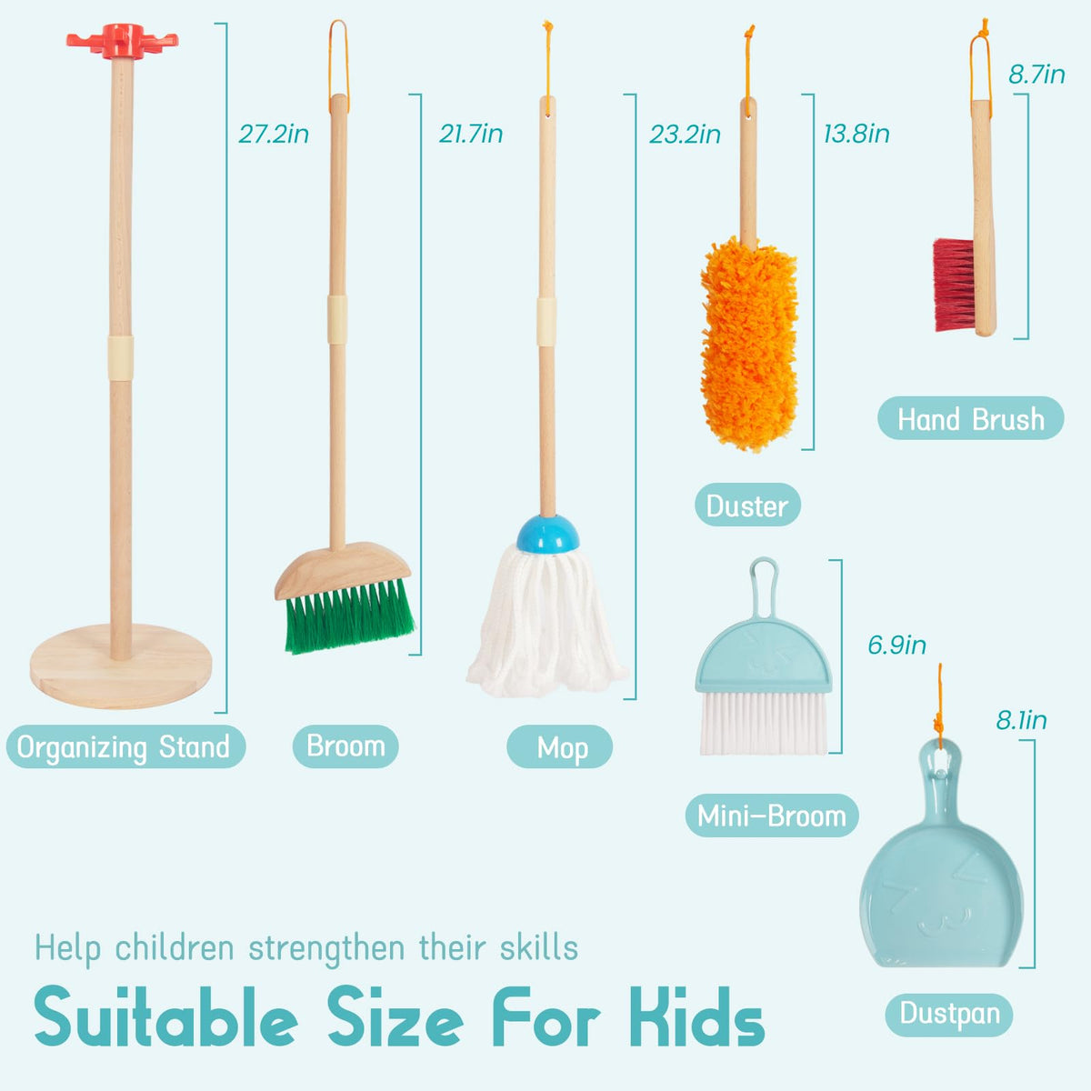 WoodenEdu cleaning set mop in blue for realistic play