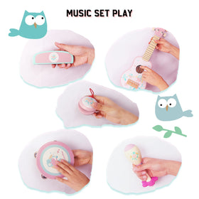 WoodenEdu Kids Guitar pink full set; versatile collection ready for family music sessions.