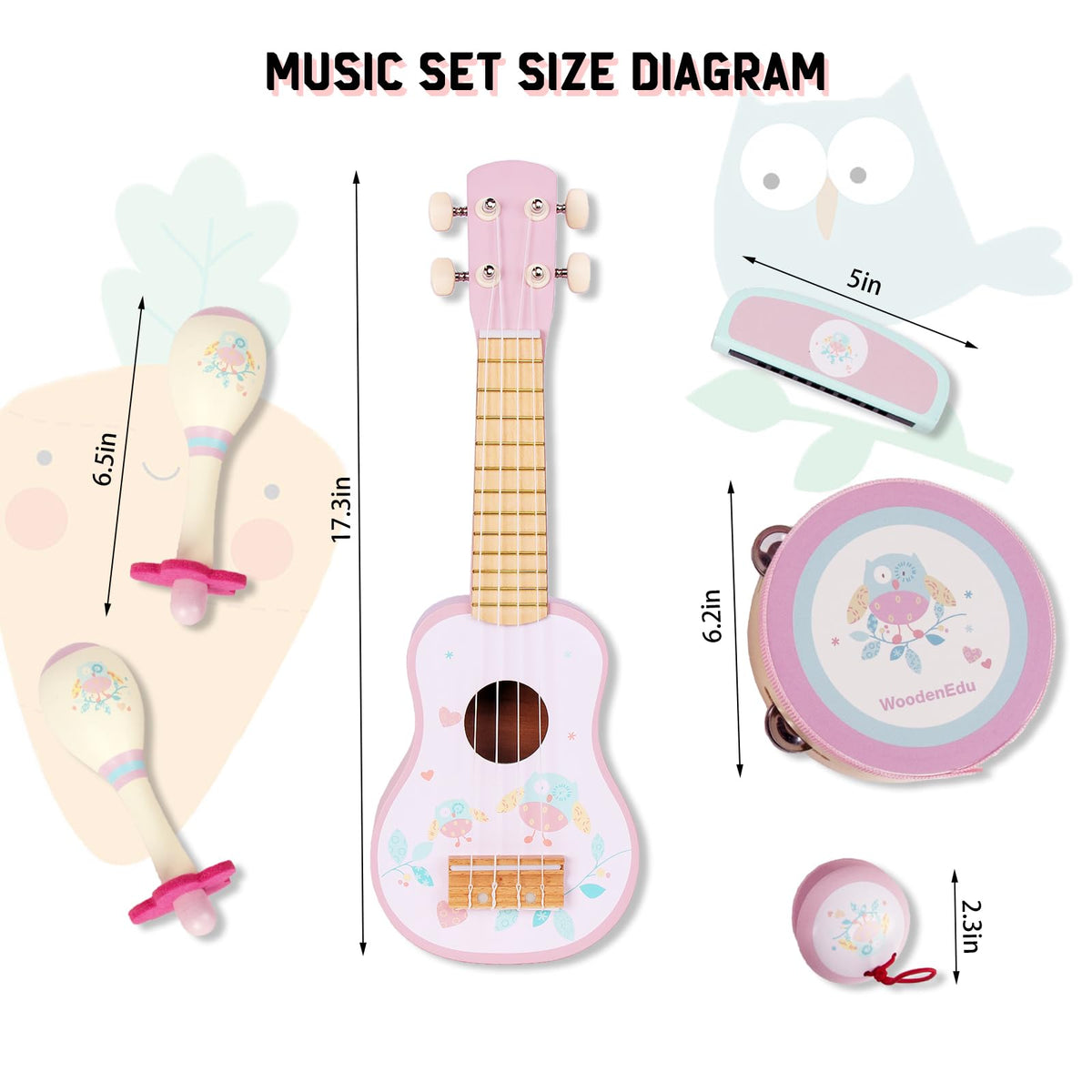 WoodenEdu Kids Guitar pink maracas; easy-grip pair encouraging coordinated movement and pretend play.