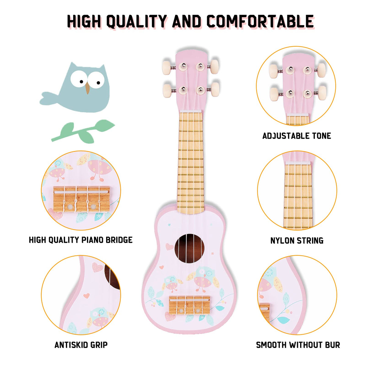 WoodenEdu Kids Guitar pink tambourine; durable toy for rhythm practice and cheer.