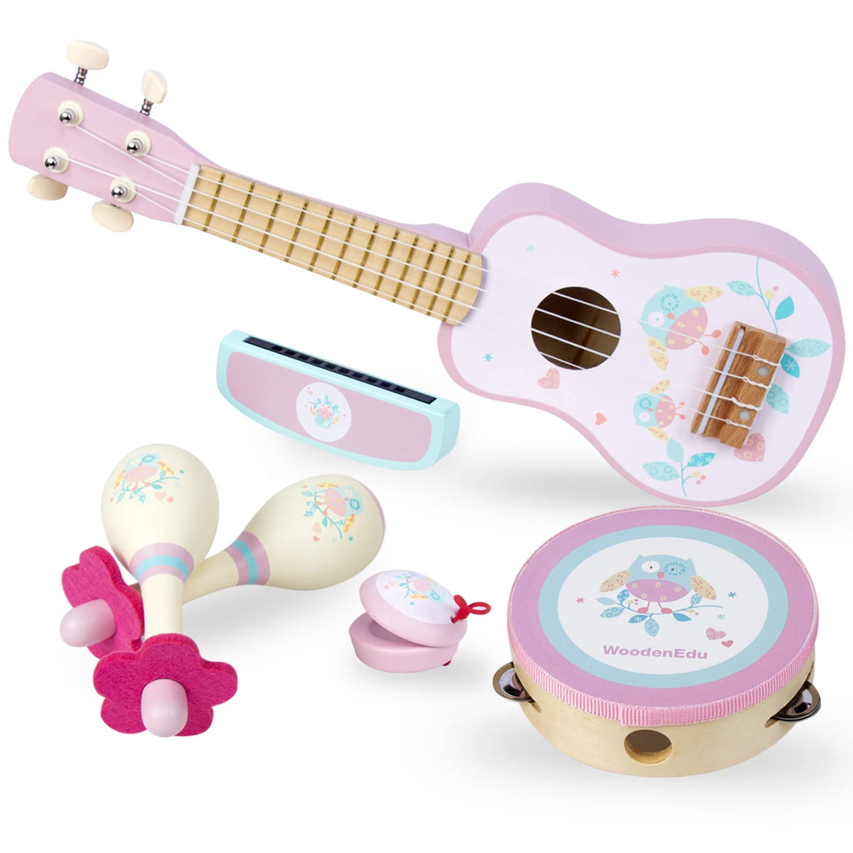 WoodenEdu Kids Guitar pink ukulele; kid-friendly instrument for early music exploration.