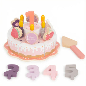 WoodenEdu pink cake with candles for pretend celebrations and color recognition