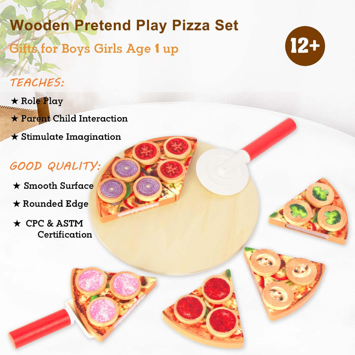 WoodenEdu pizza cutter for realistic slicing in pretend play