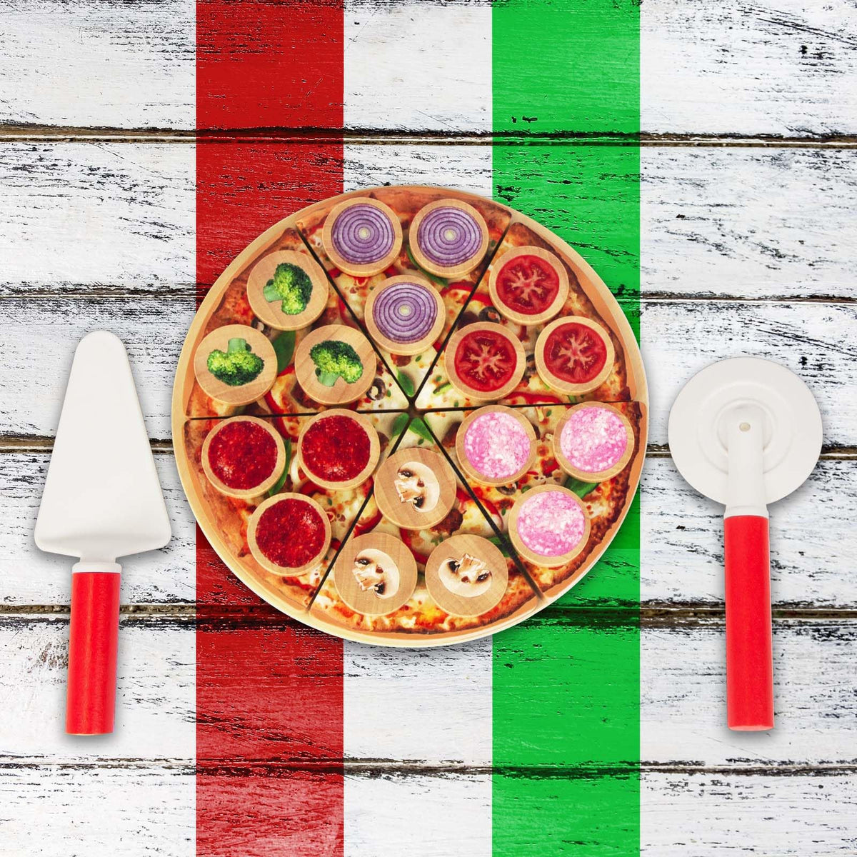 WoodenEdu pizza spatula supporting flipping and arranging pretend toppings
