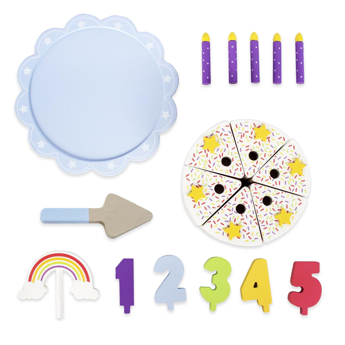 WoodenEdu rainbow cake with candles for celebratory role play.