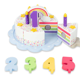 WoodenEdu rainbow cake on tray for imaginative play and fine motor development.