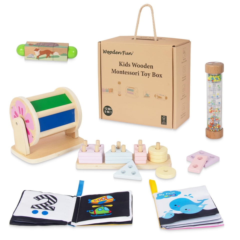 WOODENFUN 6-in-1 mirror drum promotes early visual exploration and self-recognition.