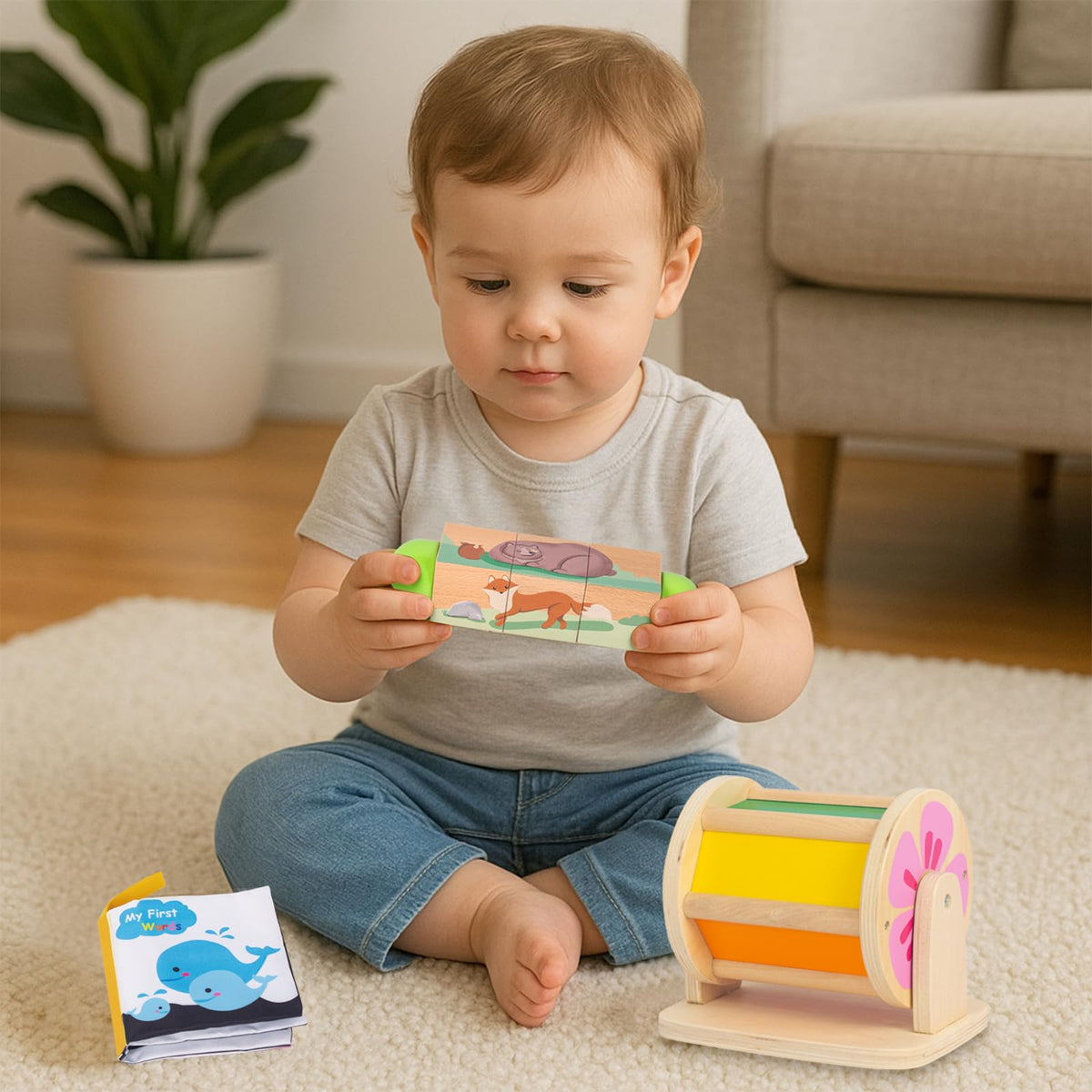 WOODENFUN baby roller enhances grasping and rolling for early motor exploration.