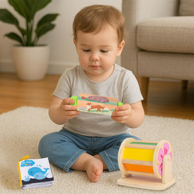 WOODENFUN baby roller enhances grasping and rolling for early motor exploration.