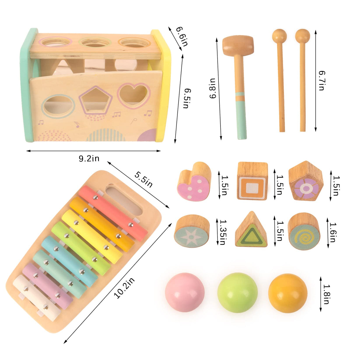 WOODENFUN colorful balls provide tactile stimulation during pounding play.