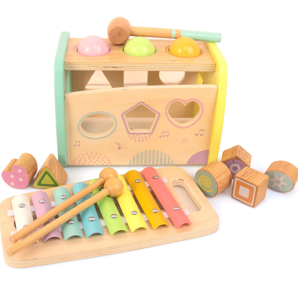 WOODENFUN hammering table yellow with wooden mallet promotes fine motor skills.