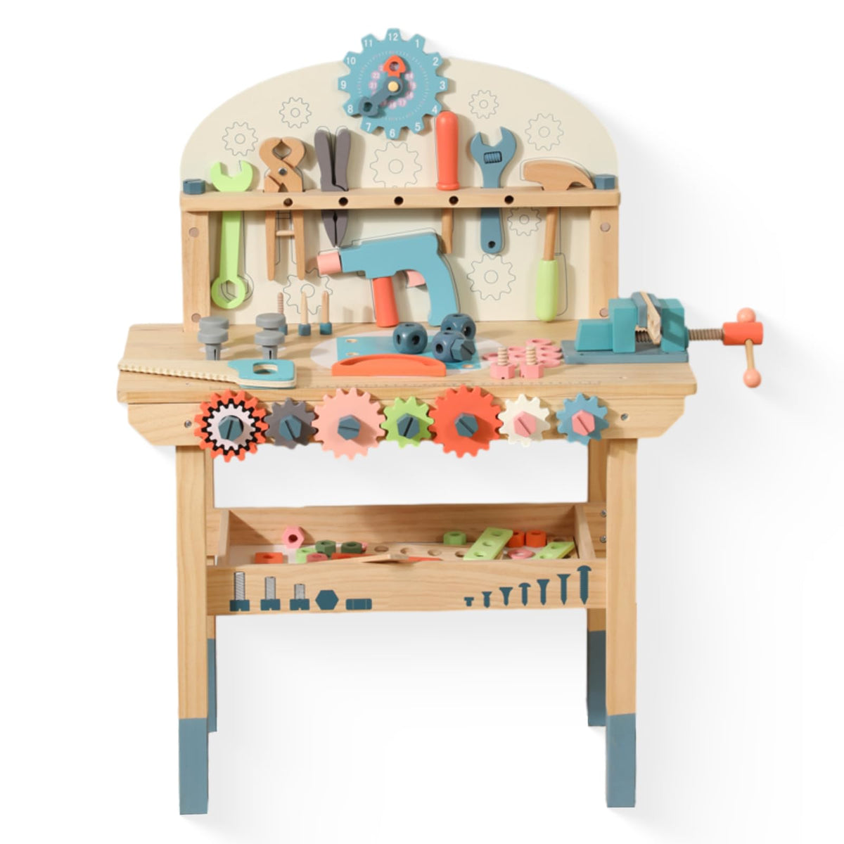 WOODENFUN power tool workbench for kids encourages imaginative play and fine motor skills.