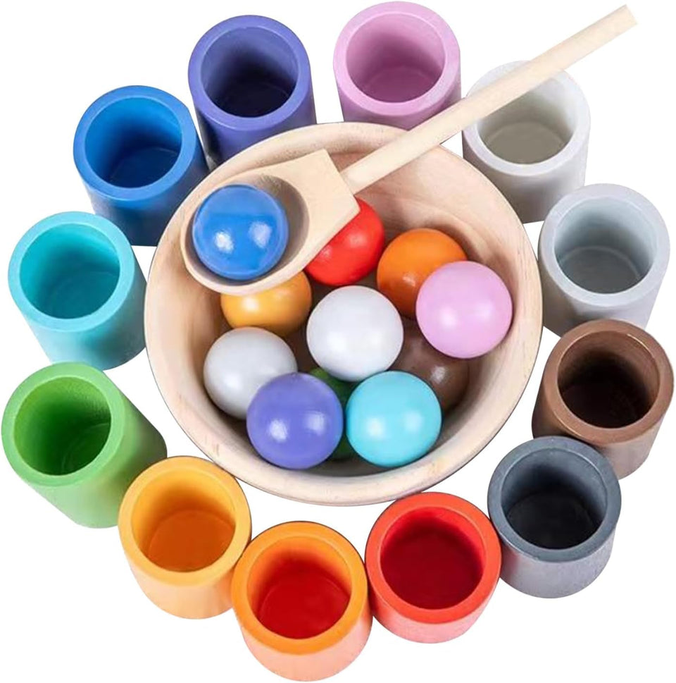 WOODENFUN Rainbow Balls in Cups: colorful sorting for toddlers boosts color recognition.