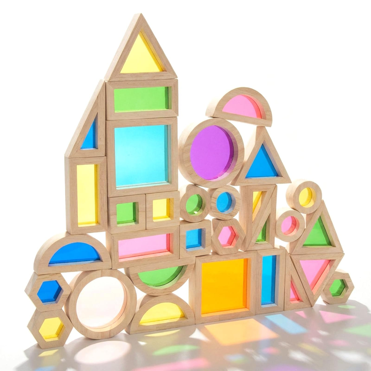 WOODENFUN rainbow blocks 32pc close-up, colorful construction fun for creativity and early skills.