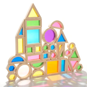 WOODENFUN rainbow blocks 32pc close-up, colorful construction fun for creativity and early skills.