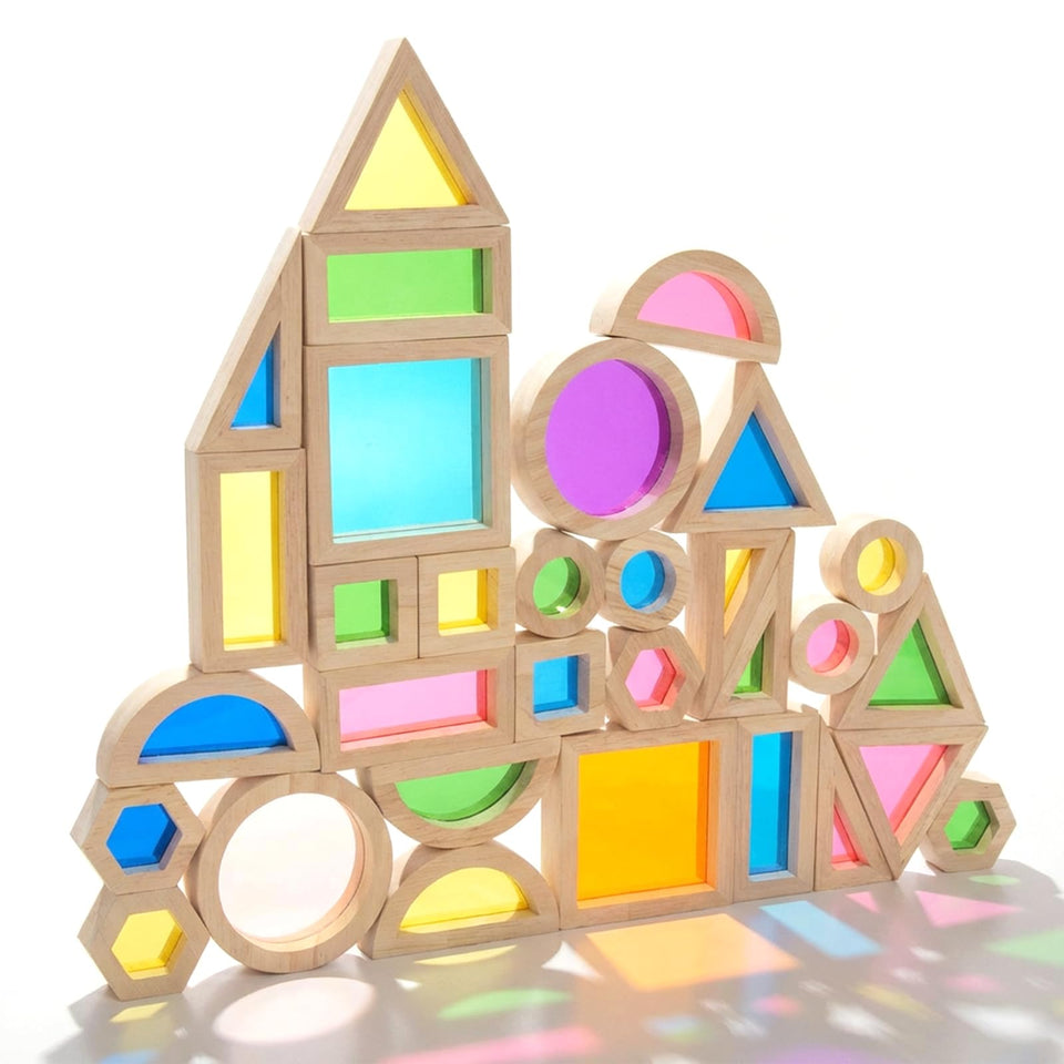 WOODENFUN rainbow blocks 32pc close-up, colorful construction fun for creativity and early skills.