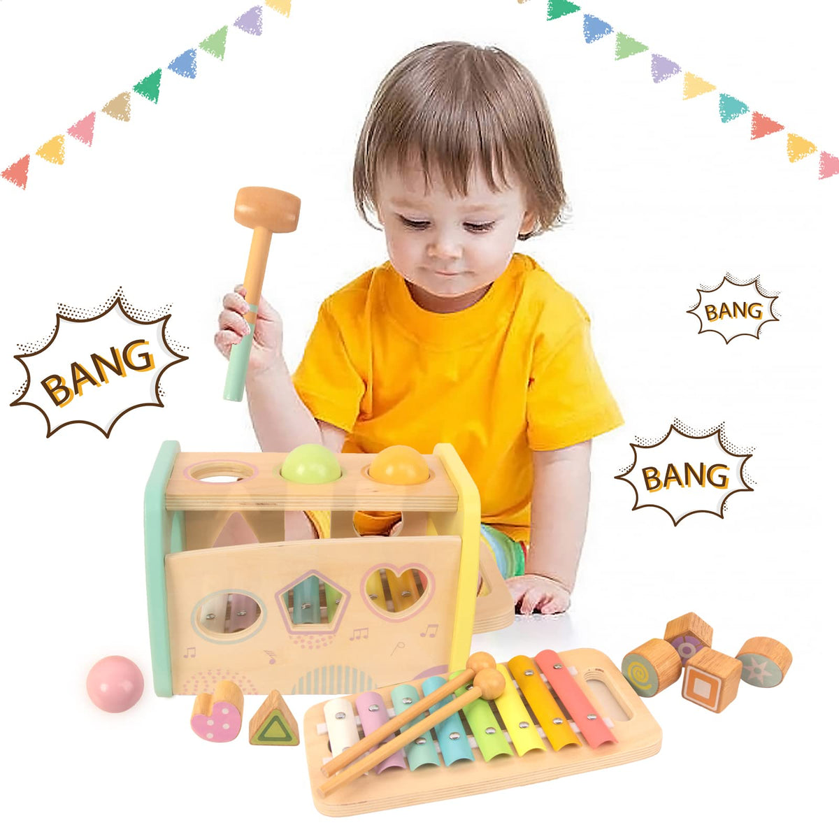 WOODENFUN shape sorter blocks teach color and shape recognition.