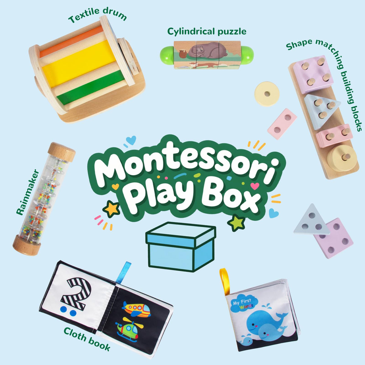 WOODENFUN soft cloth books invite tactile interaction and word learning.