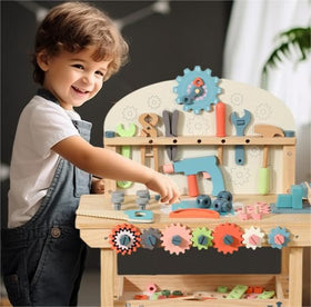WOODENFUN built-in storage keeps accessories organized after play.