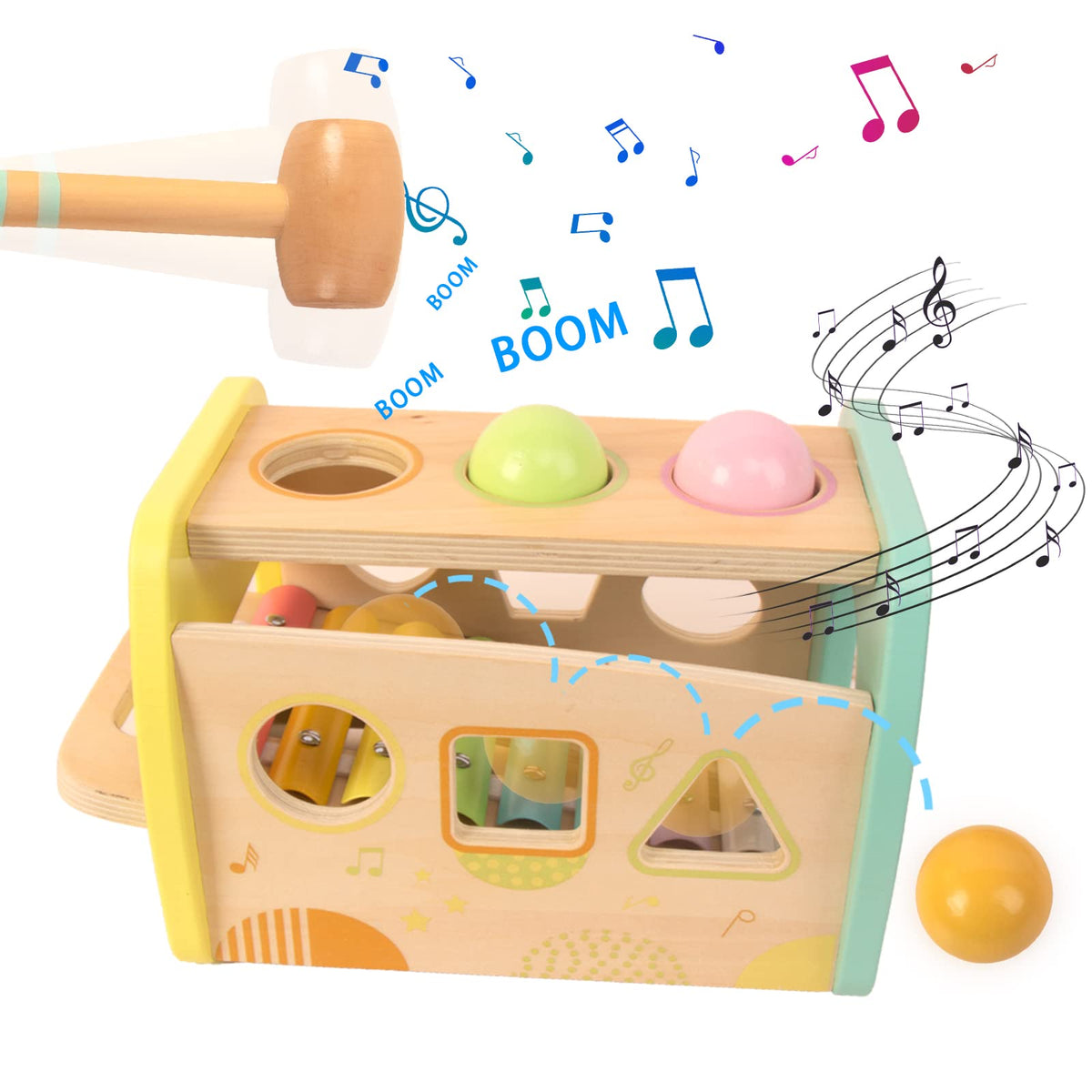 WOODENFUN wooden hammer supports safe, engaging pounding action.