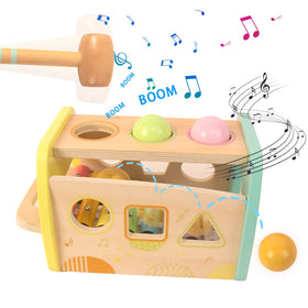WOODENFUN wooden hammer supports safe, engaging pounding action.