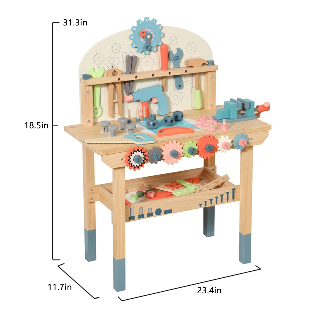 WOODENFUN sturdy vise and gears for realistic building play.