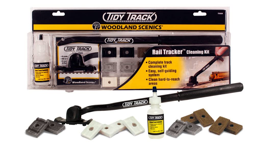 Woodland Scenics Tidy Track Rail Tracker Kit open box for quick rail cleaning setup