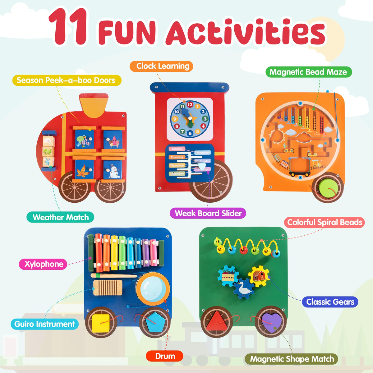 WOODMAM 11 in 1 Sensory Wall Panel supports color shape and number recognition